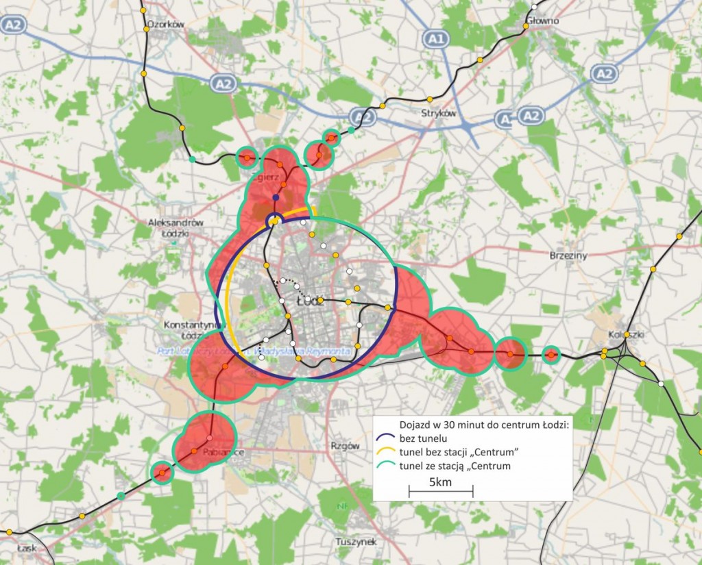 Zasięg dojazdu do centrum Łodzi
